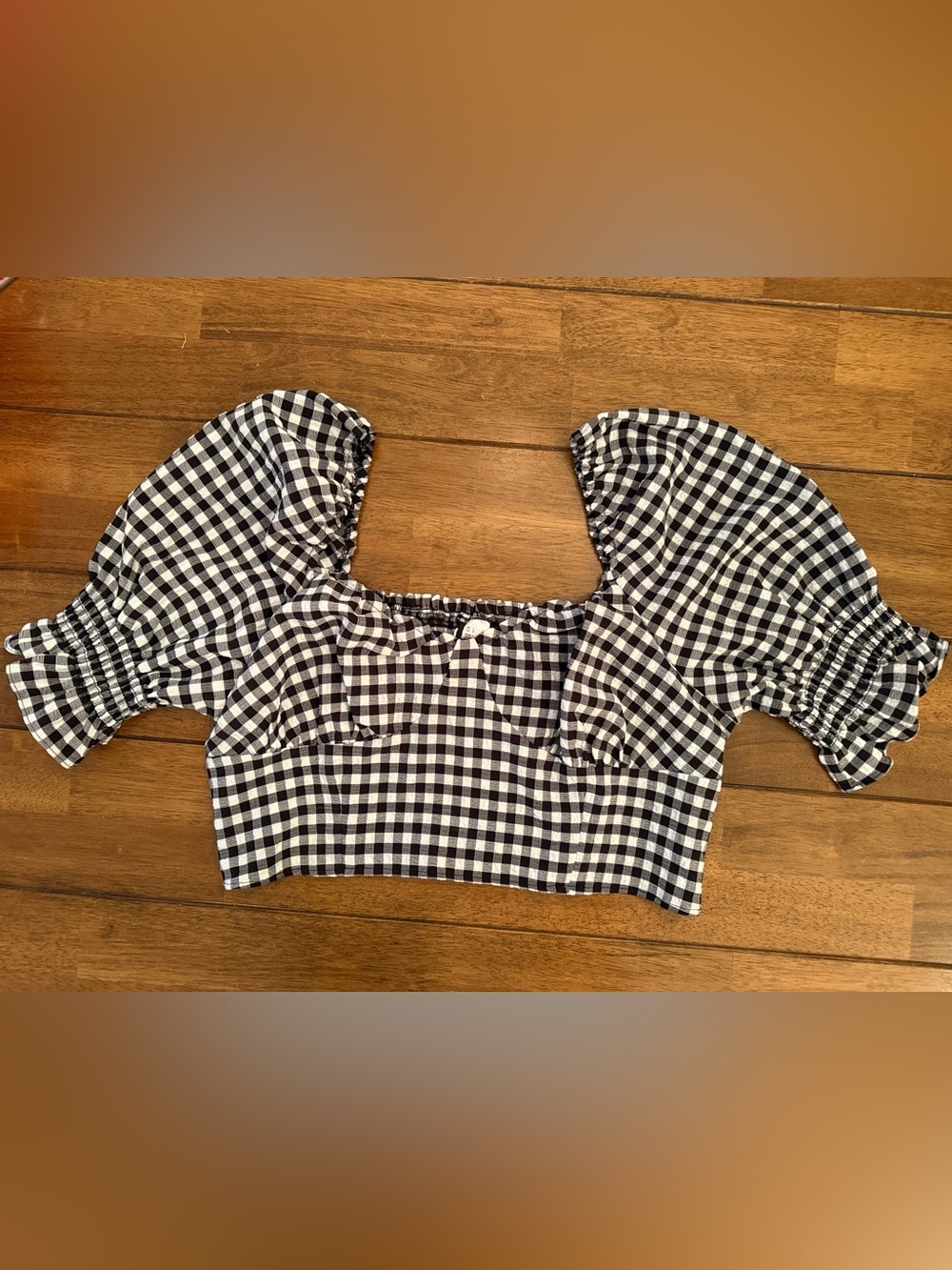 H&M Divided Gingham Seersucker Puff Sleeve Crop Top Black White Sweetheart L